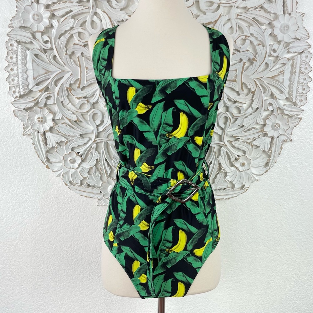 {Ganni} Banana Print Belted One-Piece Swimsuit, Plus Size 4XL/22
